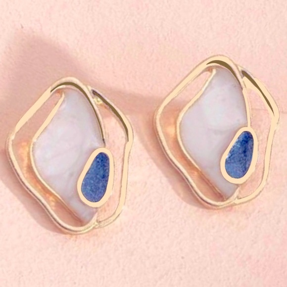 “Creamy Puddles” Artistic Artsy Art Deco Navy Blue Swirl Metallic Gold Wavy Stud - Picture 1 of 14